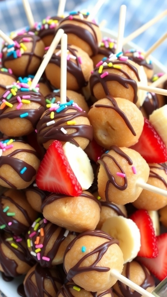 A fun assortment of donut hole skewers with chocolate drizzle and sprinkles, garnished with fresh fruit.